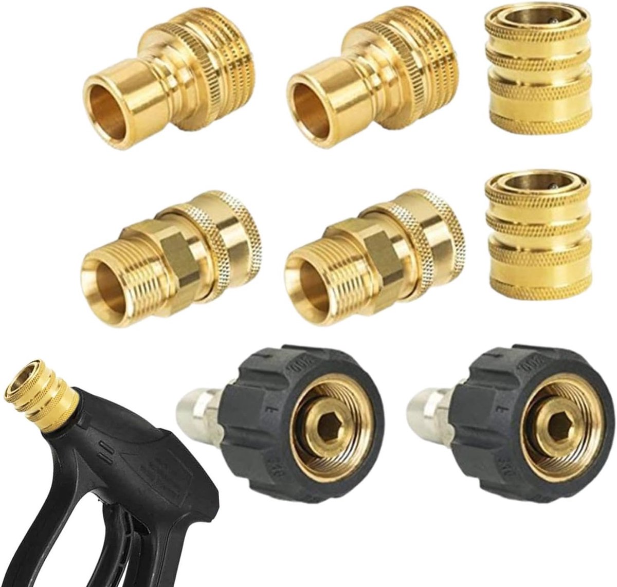 Hogedrukreiniger Adapter Set - Snelkoppeling Onderdelen - Efficiënt Reinigen - Messing Hoge Druk - 8 Stuks - Zilverkleurig
