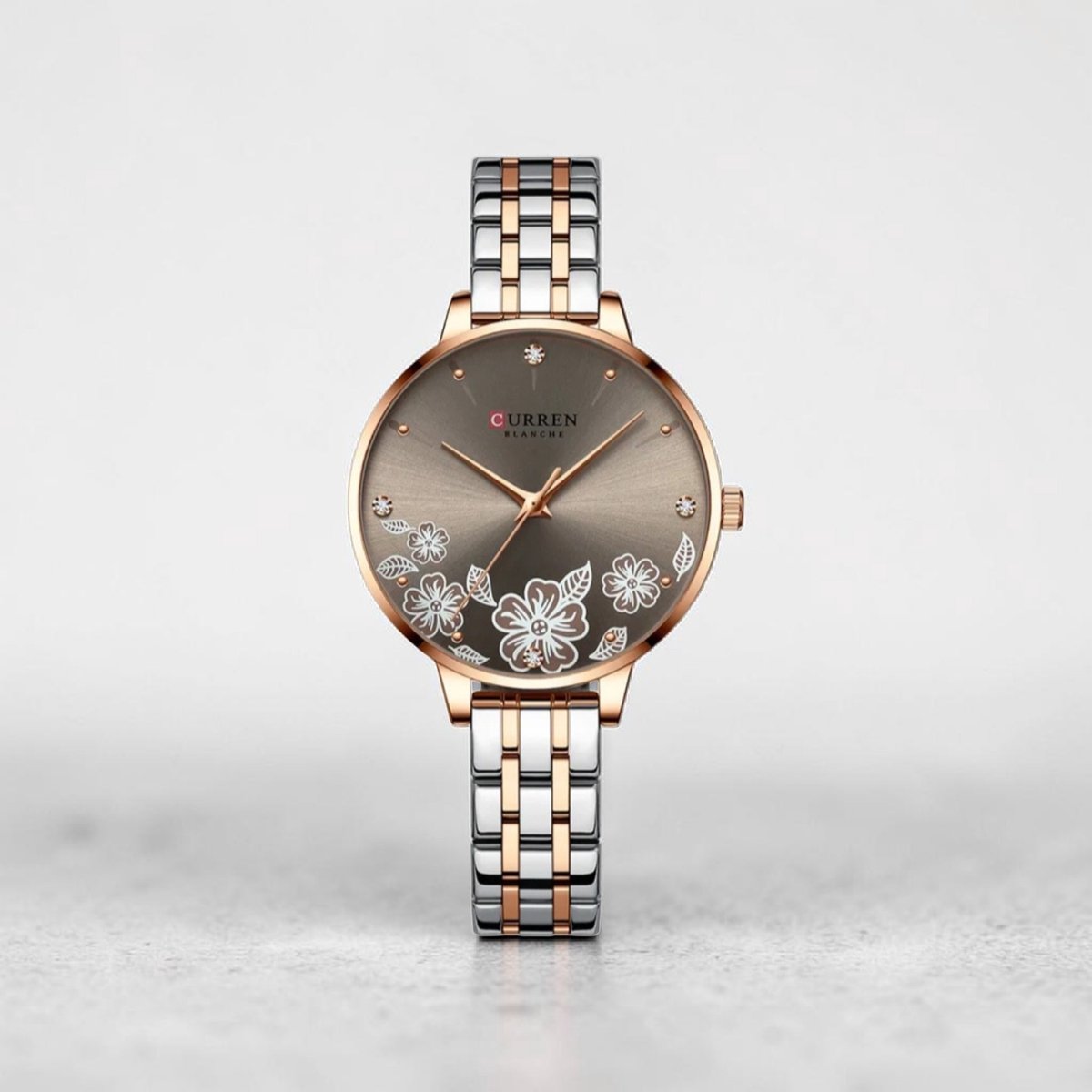 CURREN Dameshorloge Rosé Zilverkleurig Grijs / Antraciet Wijzerplaat Wijzerplaat - 35mm Bloemen Design Elegante Look