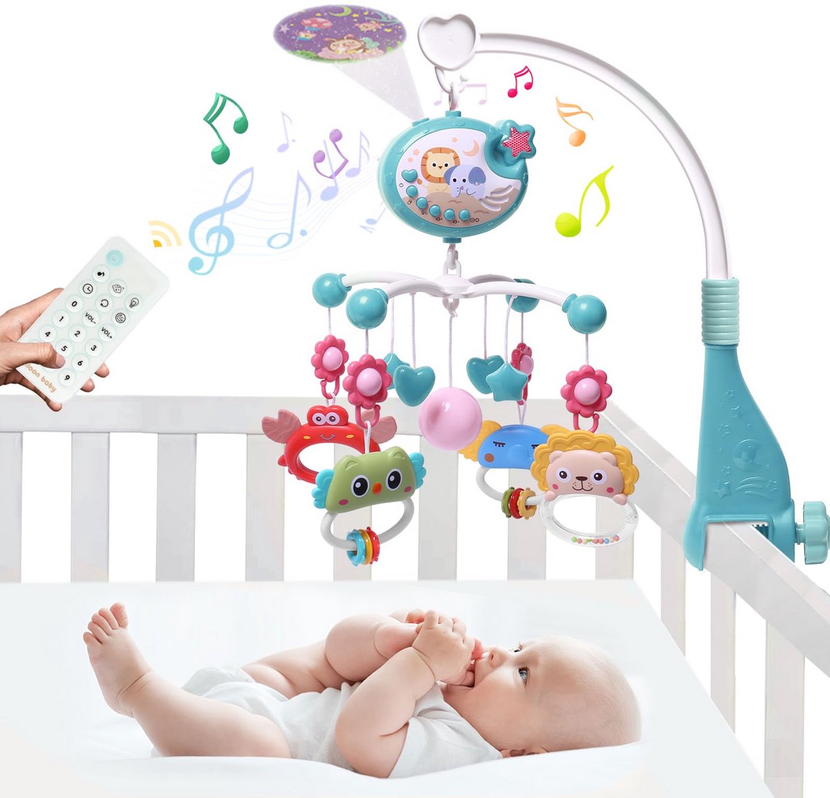 VONKELIOS®Babyslaapmobiel met projector en muziek - afstandsbediening babymobiel voor pasgeborenen - 360° roterend verlicht hangend rammelaarspeelgoed - babykribspeelgoed - Blauw