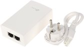 Witte TP-Link voedingsadapter met 3-pins stekker en ethernetpoorten.