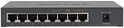 Zwarte TP-Link netwerkswitch met 8 poorten, met aan de achterkant 8 Ethernetpoorten en een 48V 1.25A stroomaansluiting.