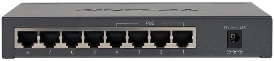 Zwarte TP-Link netwerkswitch met 8 poorten, met aan de achterkant 8 Ethernetpoorten en een 48V 1.25A stroomaansluiting.