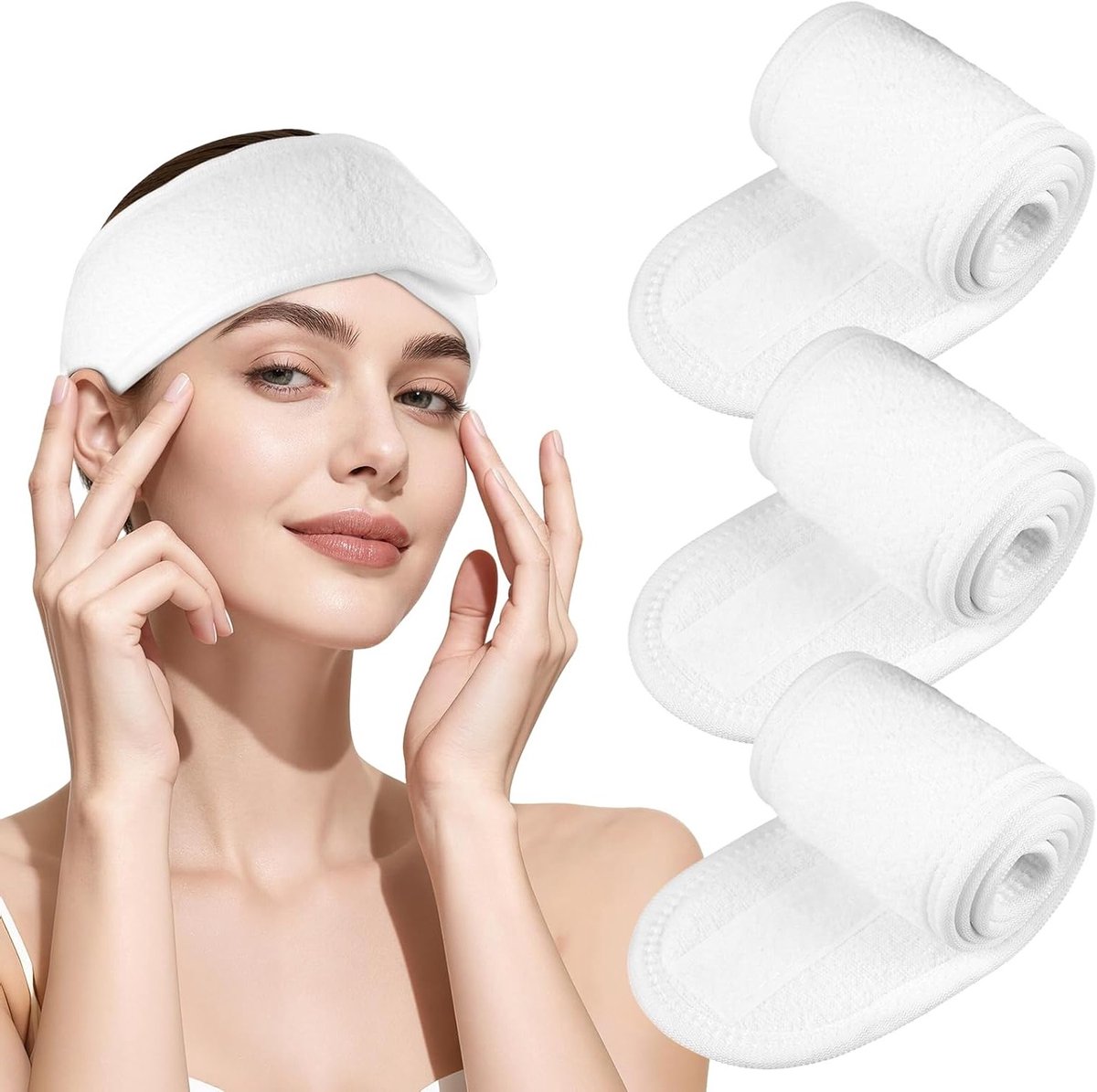 Verstelbare Haarbeschermingsband in Badstof voor Make-Up, Sport, Yoga en Spa - Set van 3 Stuks met Klittenbandsluiting (Wit)