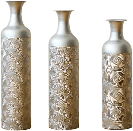 Vloervazen Zilver - Metalen Vazen Groot - Vloervaas Metaal - Golfpatroon - Modern Design - Robuust - Woonkamer - 50/66/83cm - Set Van 3 - Zilver