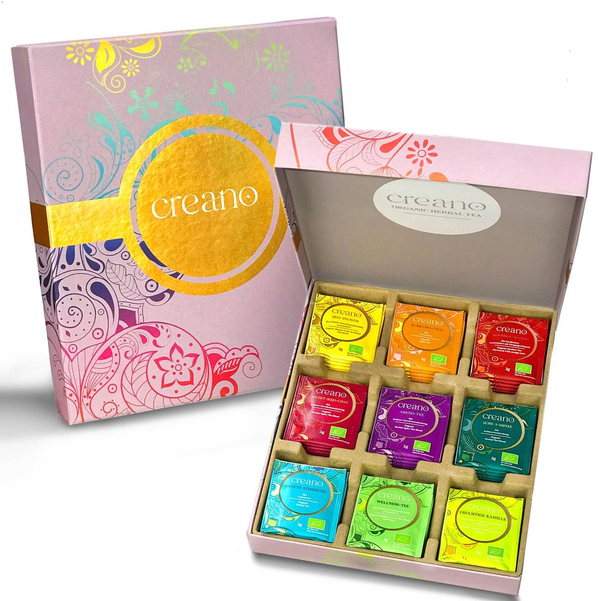 Creano Bio Kruidenthee Mix Cadeauset "ORGANIC HERBAL TEA", 45 Bio theezakjes in 9 verschillende soorten, 90g *¹
