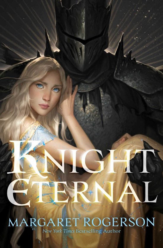 Een vrouw met blond haar en blauwe ogen in een gele jurk wordt vastgehouden door een figuur in zwart harnas. Titel: KNIGHT ETERNAL.