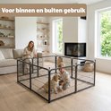 Zwarte metalen puppyren in een woonkamer met een vrouw en een gouden puppy.