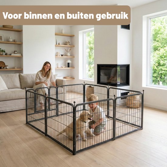 Zwarte metalen puppyren in een woonkamer met een vrouw en een gouden puppy.