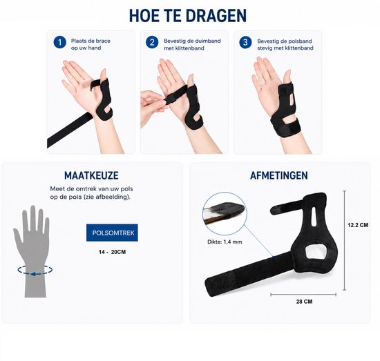 Illustratie van het correct dragen van een polsbrace met duimsupport, inclusief maatkeuze en afmetingen.