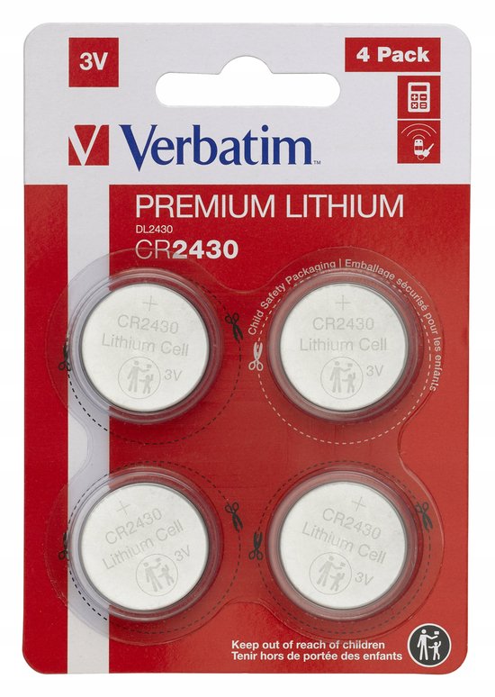 Emballage de quatre piles bouton lithium CR2430 Verbatim, 3V. Emballage rouge et blanc avec texte.