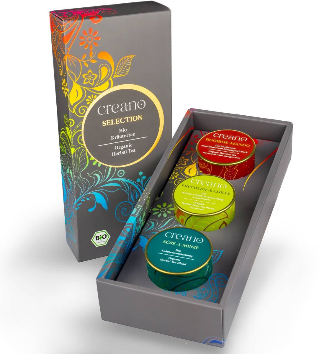 Set van 3 blikjes grof gesneden biologische kruidenthee "Kruidenmix" Creano (fruitige kamille, zoete 3-munt, rooibos-mango)