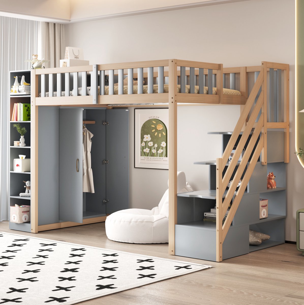 MEUNIQ Hoogslaper 90x200 cm met ingebouwde kledingkast, planken en trap met opbergruimte voor kinderkamer, grijs en naturel Grey