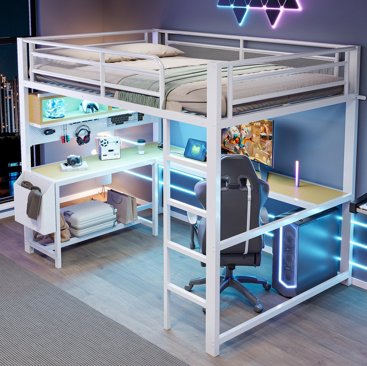 MEUNIQ Hoogslaper 140 x 200 cm met bureau, opbergruimte, LED-verlichting, ladder en lade-/vakindeling voor kinderkamer, wit White