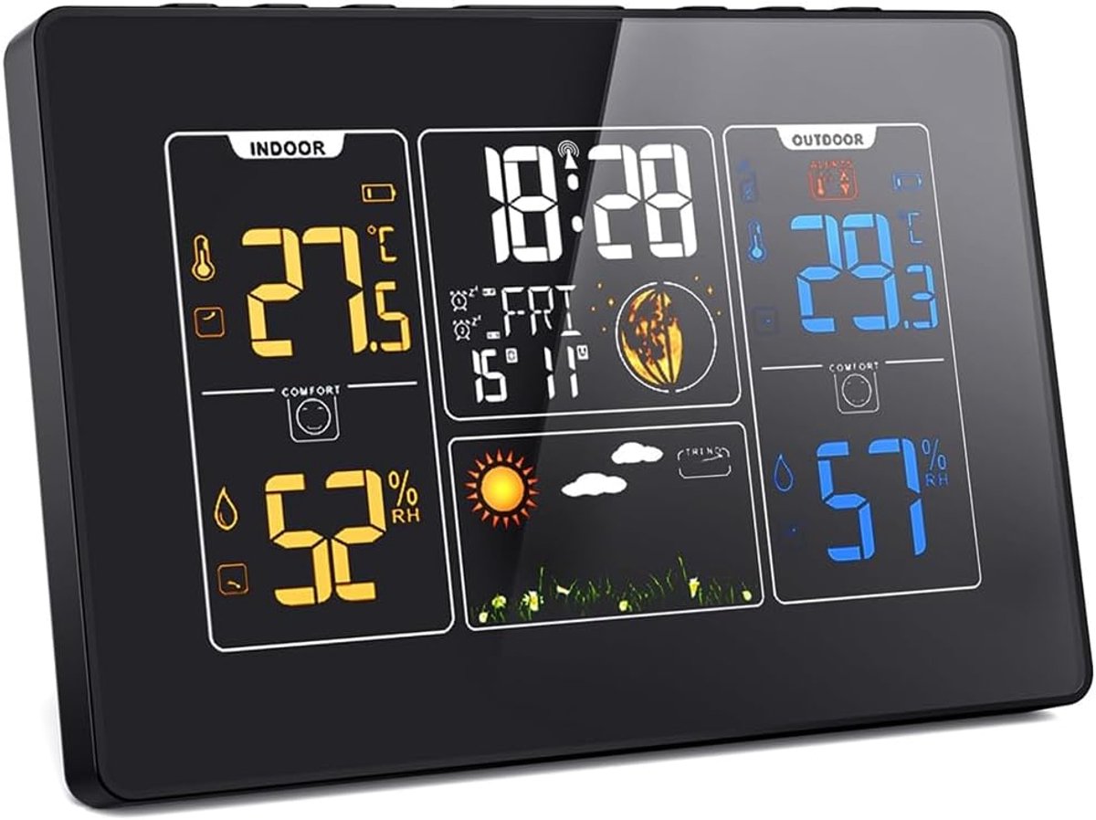Weerstation Draadloos - Binnen Buiten - Weersvoorspelling Thuis - Levendig Kleurendisplay - 20 x 13 x 5 cm - Zwart