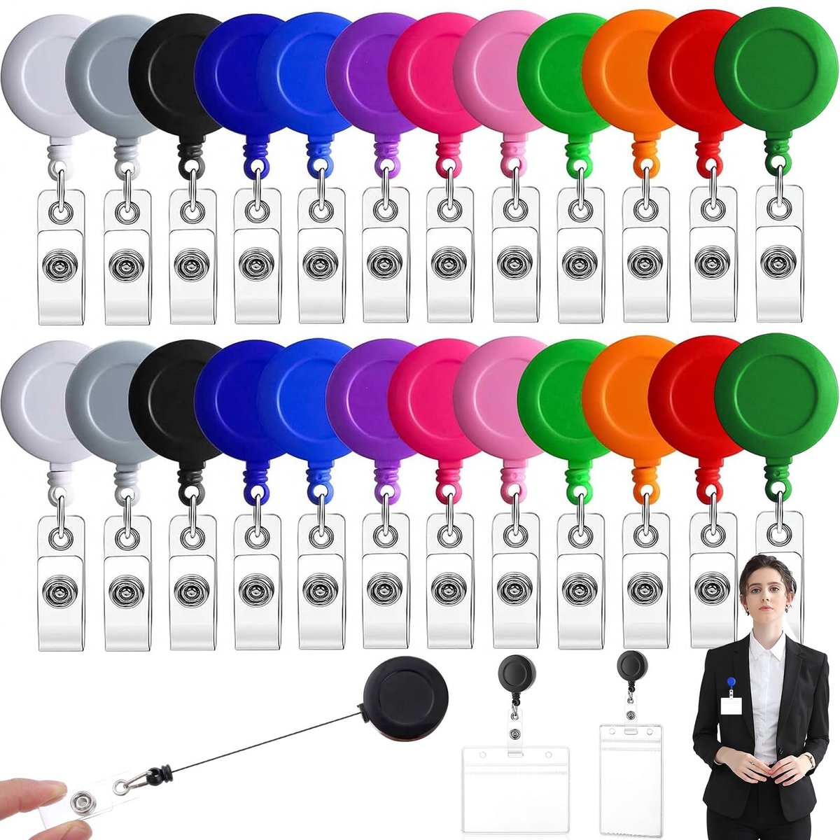 Dailygoods- Badgehouder 24 Stuks - Intrekbare Badgehouder met Koord - ID Kaart Houder - Oprolbaar Nylon Koord tot 65 cm - Hoogwaardig ABS-Kunststof - Lichtgewicht 100g - ID-kaarthouder