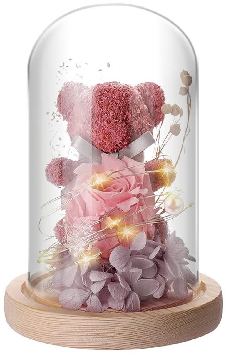 Dailygoods - IVEOPPE Eeuwige rozenbeer in glas, met led-licht en houten sokkel, cadeau voor vrouwen, verjaardagscadeau voor vrouwen, rozenbeer voor vriendin, vrouw, op Moederdag, verjaardag, Valentijnsdag