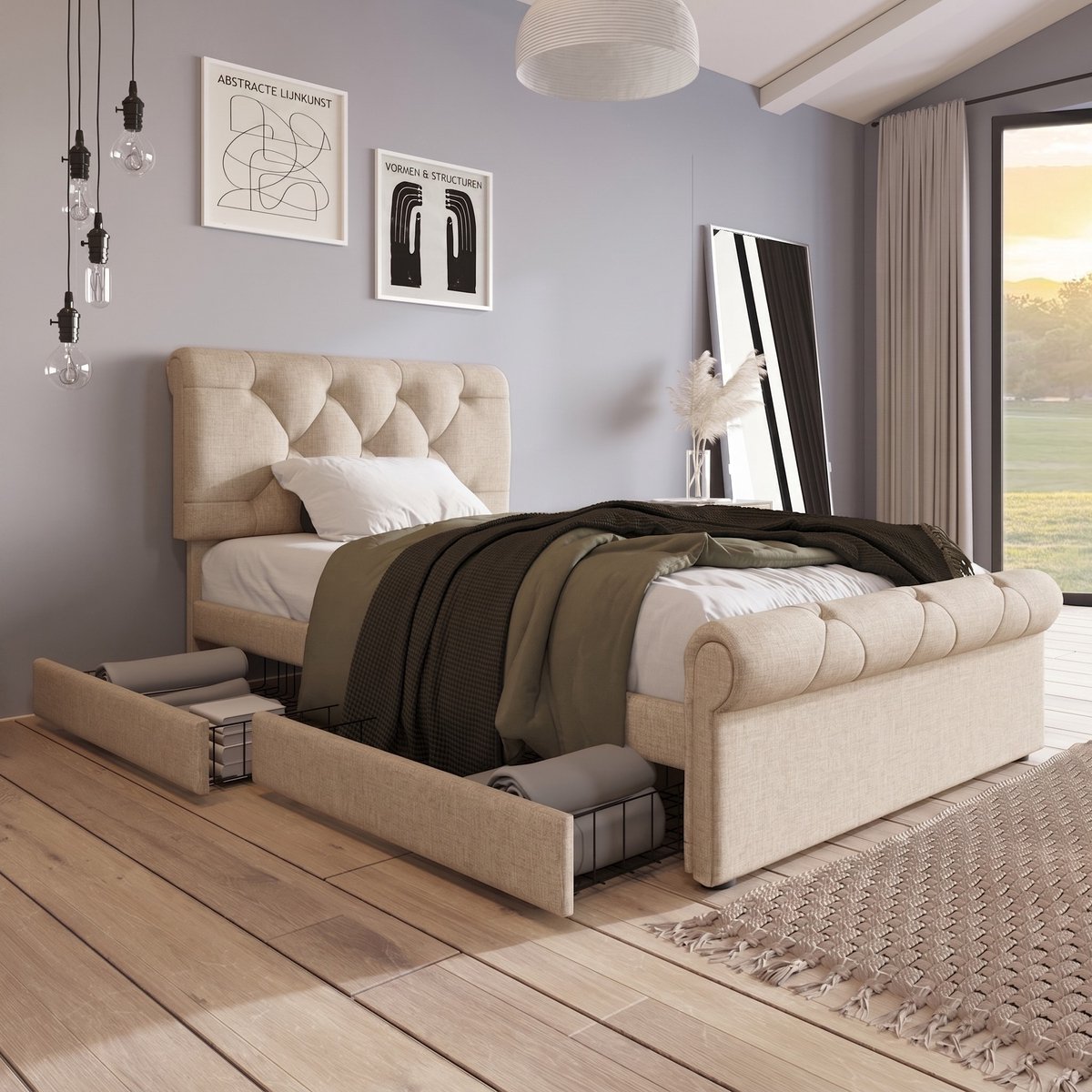VVBV Gestoffeerd bed 90x200 / Eenpersoonsbed 90x200 – met Opbergruimte, Lades – 2 Lades – In Hoogte Verstelbaar Hoofdbord – Metaal – Zonder Matras Natural