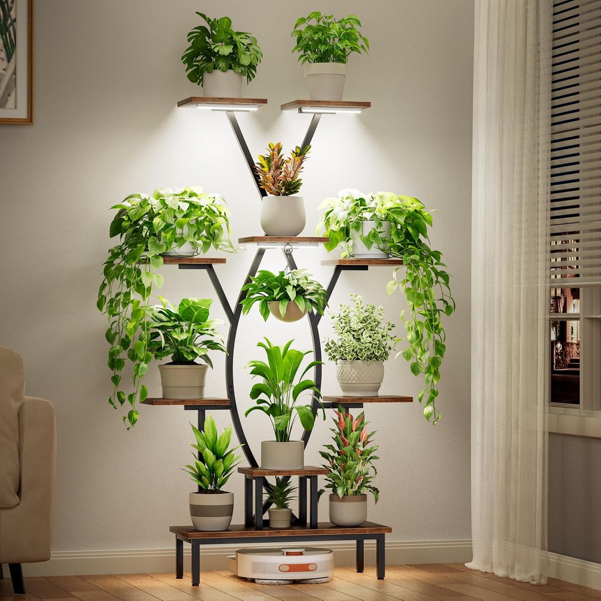 Famanu – Plantenstandaard met kweeklampen, 9-laags, 160 cm hoog, ruimtebesparend ontwerp voor kamerplanten, X-vormige metalen bloemenhouder