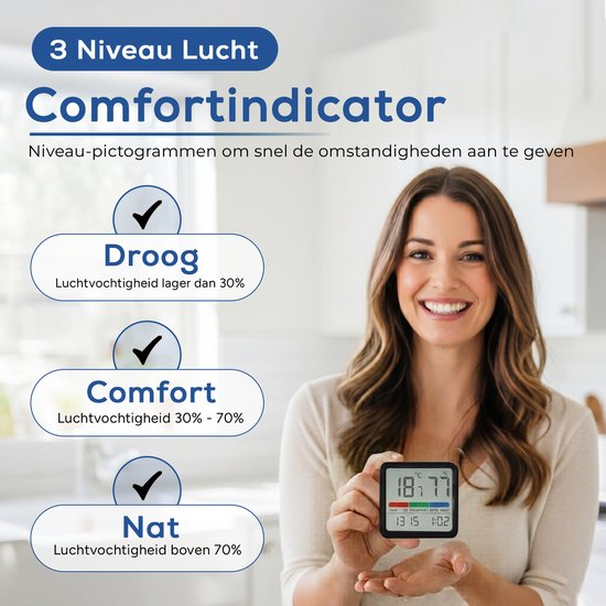 YUCONN Hygrometer - Luchtvochtigheidsmeter - Weerstation - Thermometer Binnen - Temperatuurmeter binnen - inclusief magneetstrip - Zwart