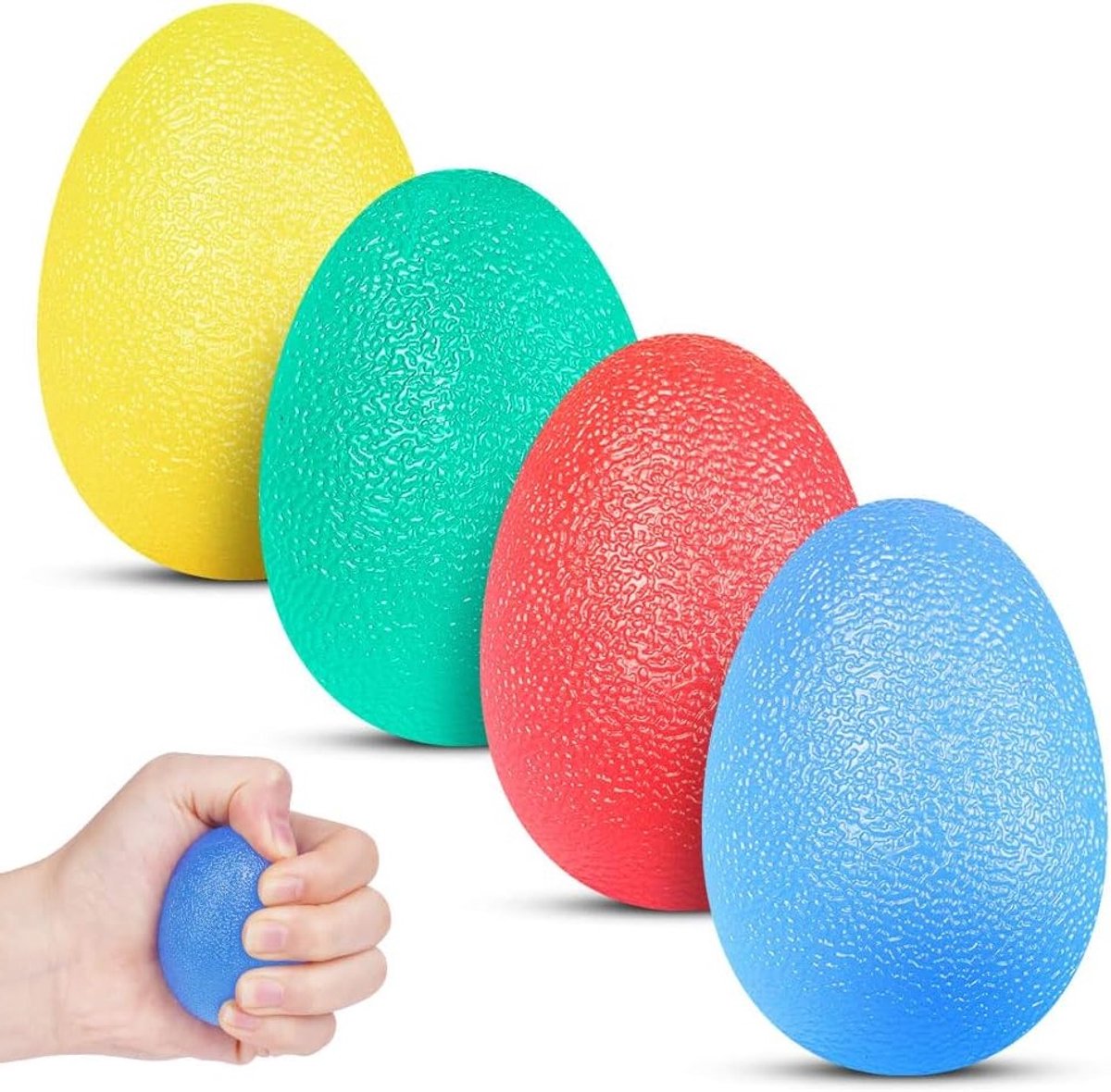 Set van 4 eivormige gripballen met verschillende hardheden voor hand- en vingerversterking, drukverlichting en griptraining