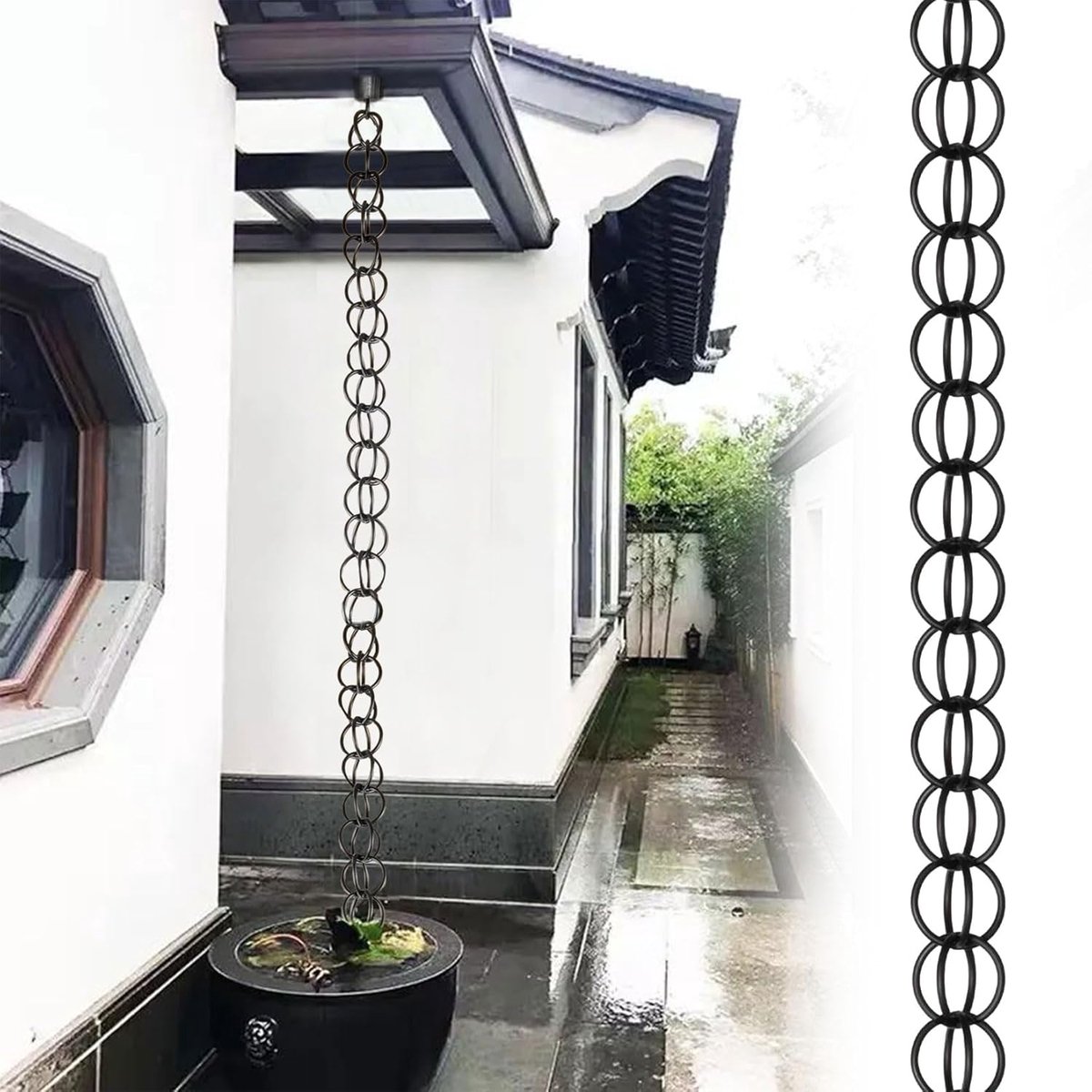 Regenketting Aluminium - Waterafvoer Ketting - Buiten Decoratie - Dubbele Ring Ontwerp - 35 Meter - Zwart