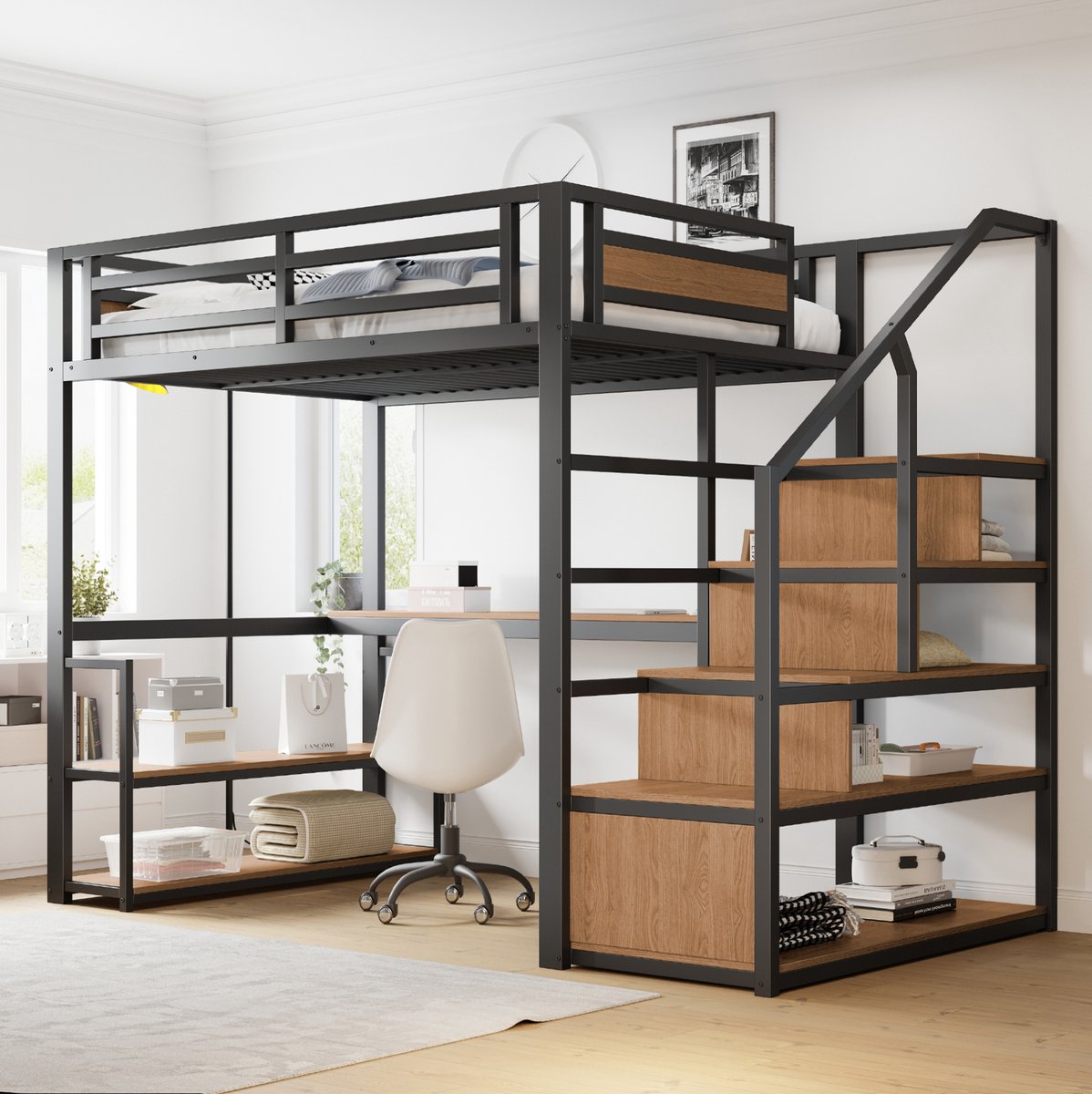 MEUNIQ hoogslaper 140x200 cm met bureau, opbergrekken en trap, metalen bedframe met veiligheidshek en MDF details, slaapkamer, zwart Black