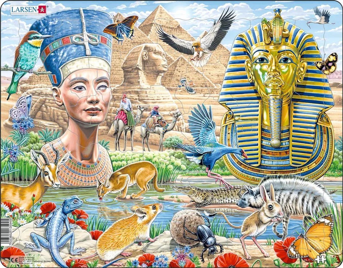 Larsen Egypte – Puzzel – Geschiedenis – Oude Egypte – Educatieve legpuzzel voor kinderen – 85 stukjes – Gemaakt in Noorwegen – Extra dikke 2,5 mm stukjes – Tray met vaste rand