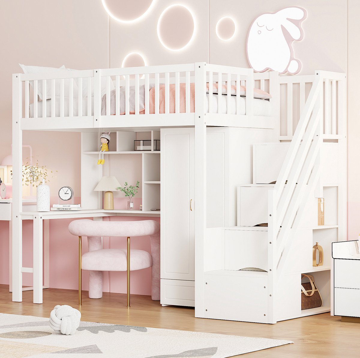MEUNIQ Hoogslaper 90 x 200 cm met bureau, kledingkast, opbergrek en trap met lades, eenpersoons hoog bed voor slaapkamer in wit