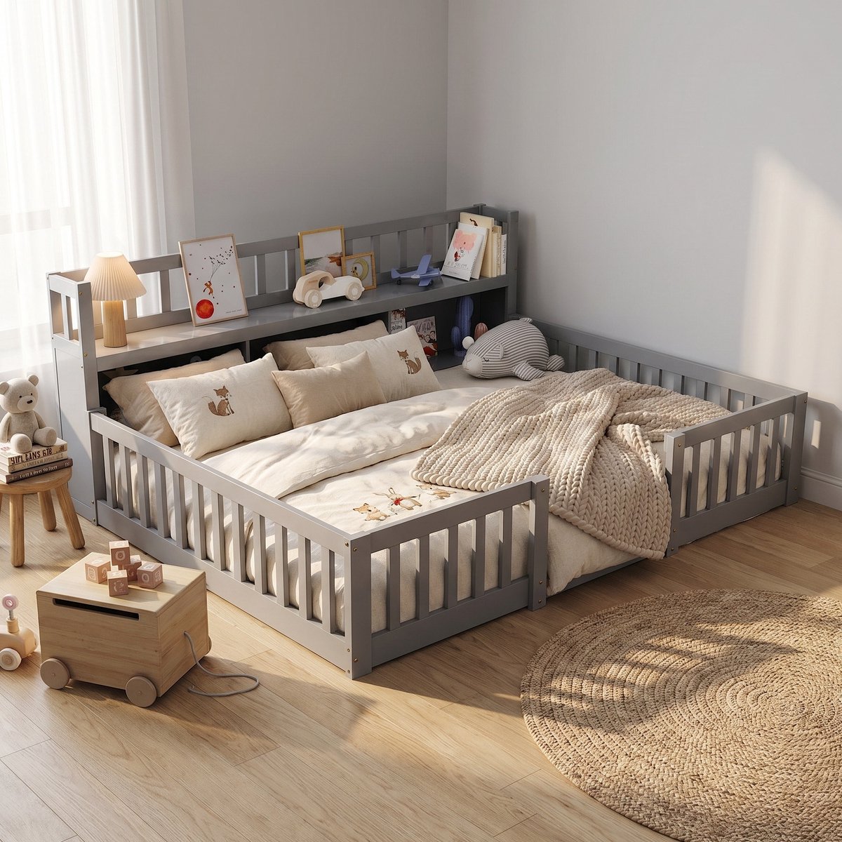 Mofor Montessori Vloerbed 140x200 cm - Kinderbed met boekenkast en Lattenbodem - Eenpersoonsbed met Uitvalbeveiliging - Hout - Grijs