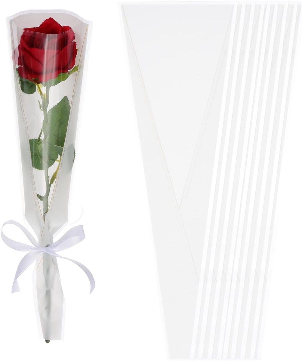 50 Stuks Witte Bloemen Verpakkingshoezen met Gouden Rand en Ribbons voor Boeketten, Bruiloften, Verjaardagen en Geschenken, Afmetingen 45 x 12 x 3 cm