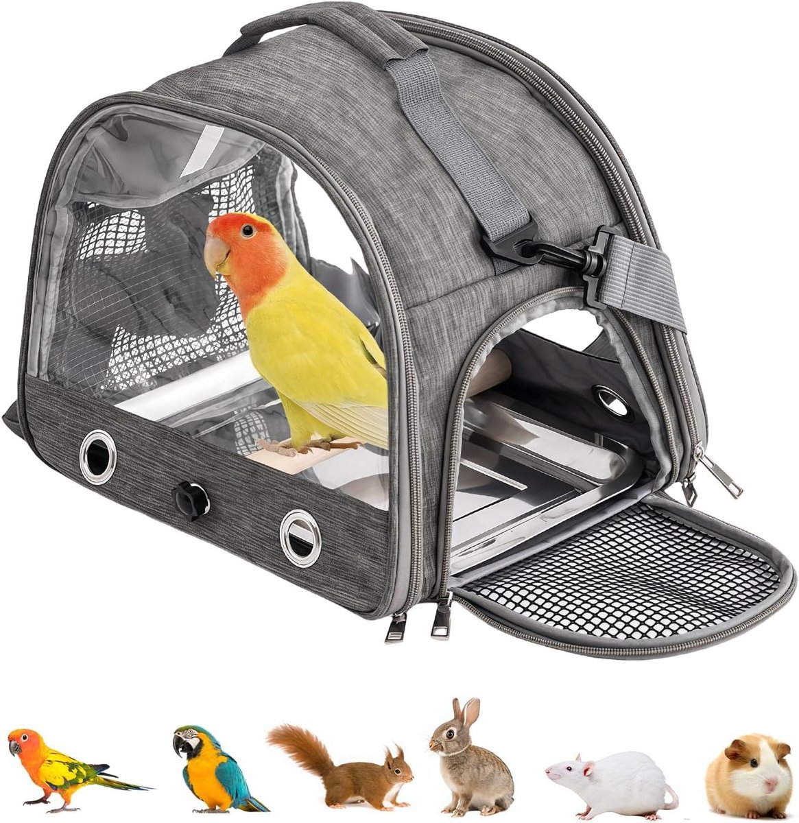Draagtas voor Kleine Huisdieren: Rugzak voor Vogels met Zitstok en RVS Bak, Ideaal voor Papegaaien, Konijnen en Cavia's, Handige Transportoplossing voor Huisdieren