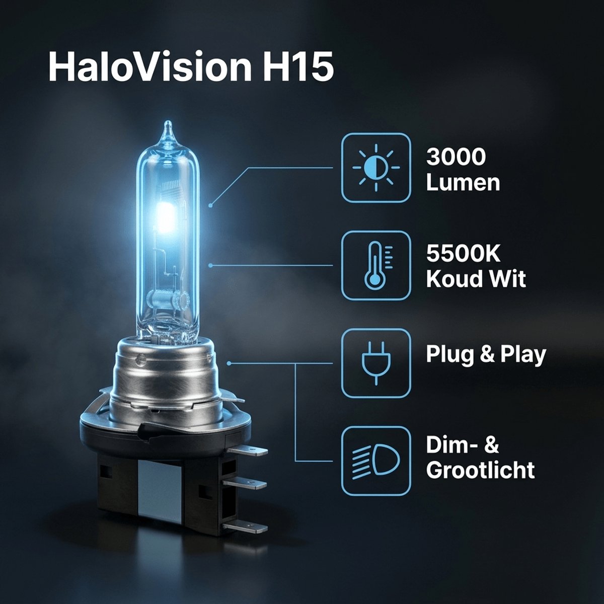HaloVision Halogeen Koplampen H15 – 12V 3000Lm 5500K Koud Wit – Blauw Glas Super White Dimlicht Grootlicht Halogeenlampen Set van 2 Autolampen – foto 5