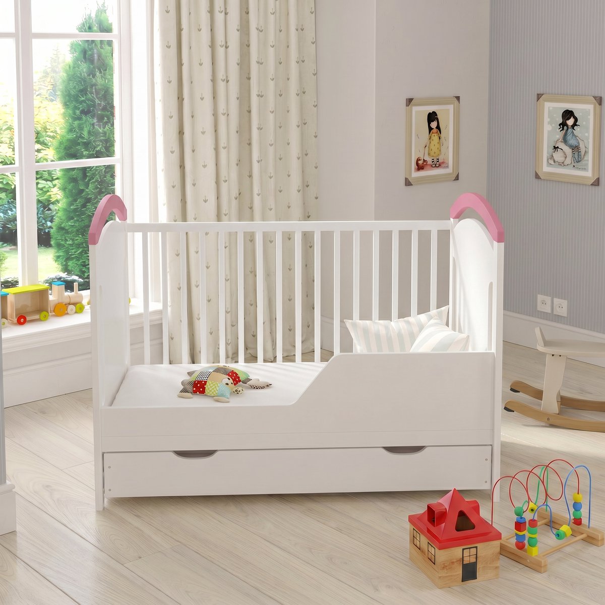 Love For Sleep Amie Babybedje 2-in-1 – Meegroeibed 120x60 cm – Inclusief Schuiflade & Extra Uitvalbeveiliging – Exclusief Matras – Massief Grenenhout – Roze