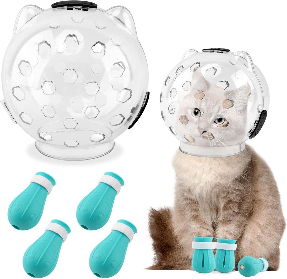 Transparante kattenhelm - Met 4 siliconen klauwhoezen - Verstelbaar & ademend - Anti-bijt - L