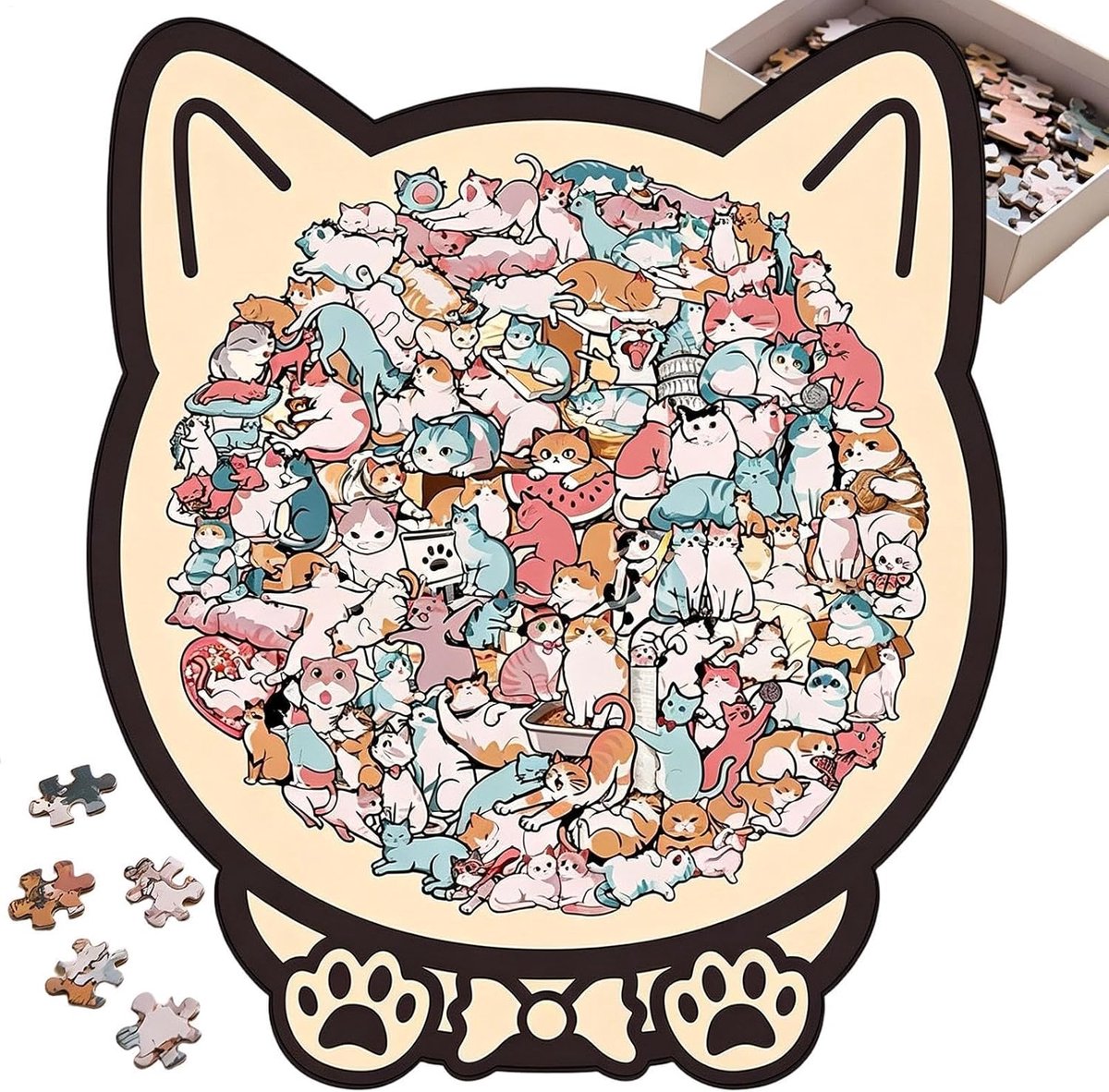 Houten Kat Puzzel - Dierenpuzzel Vormen - Ontspannend Tijdverdrijf - Morandi Kleurenpalet - 25 x 25 cm - Multicolor