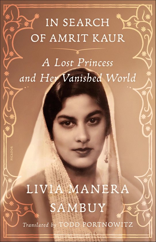 Couverture de livre avec une photo en noir et blanc d'une jeune femme voilée, intitulée 'In Search of Amrit Kaur'.
