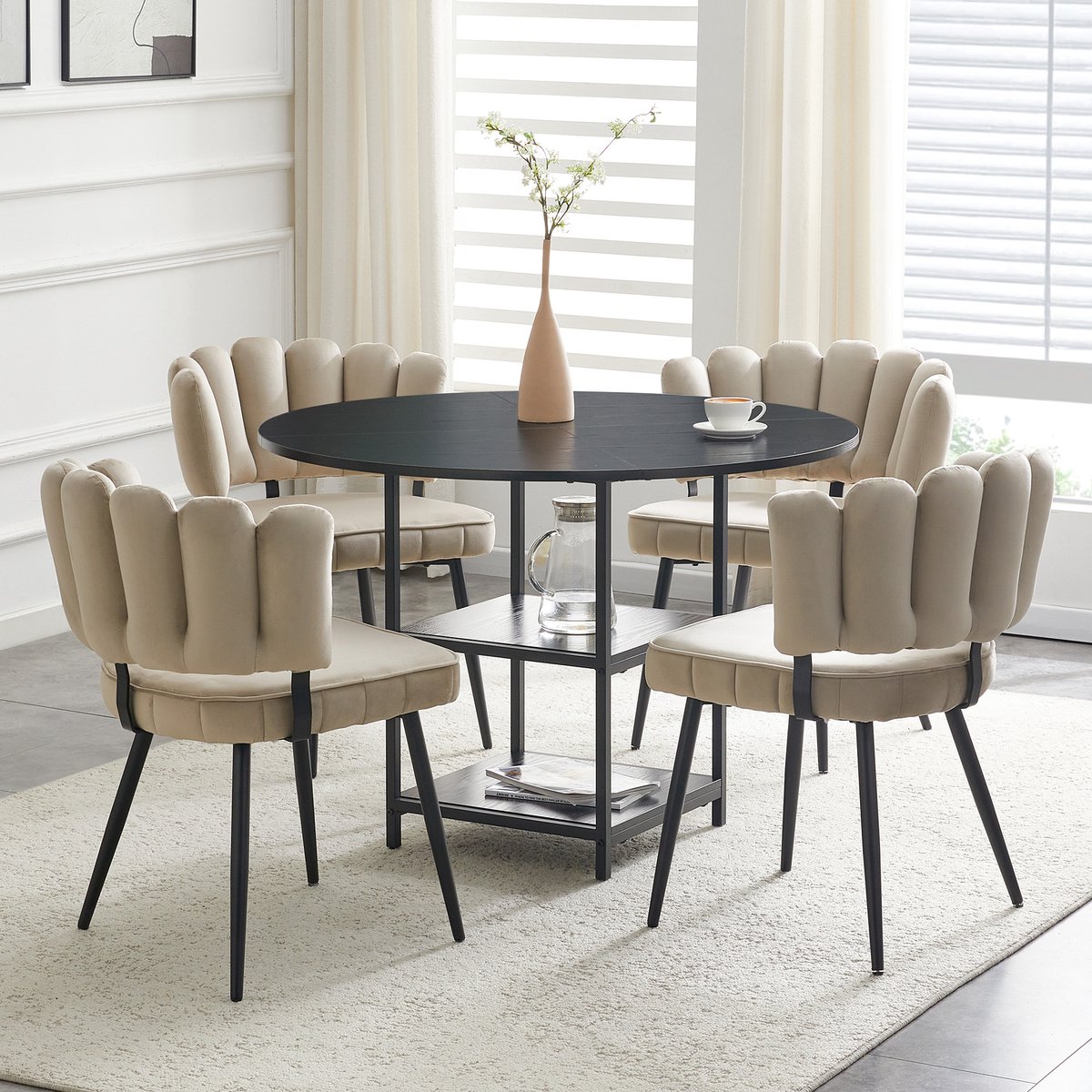 MODENUIT Eettafelset 4 Personen - Ronde Tafel Met Dubbele Opbergniveaus - Voor Kleine Eetruimtes - MDF En Metaal - Zwart Zwart, Lichtbruin
