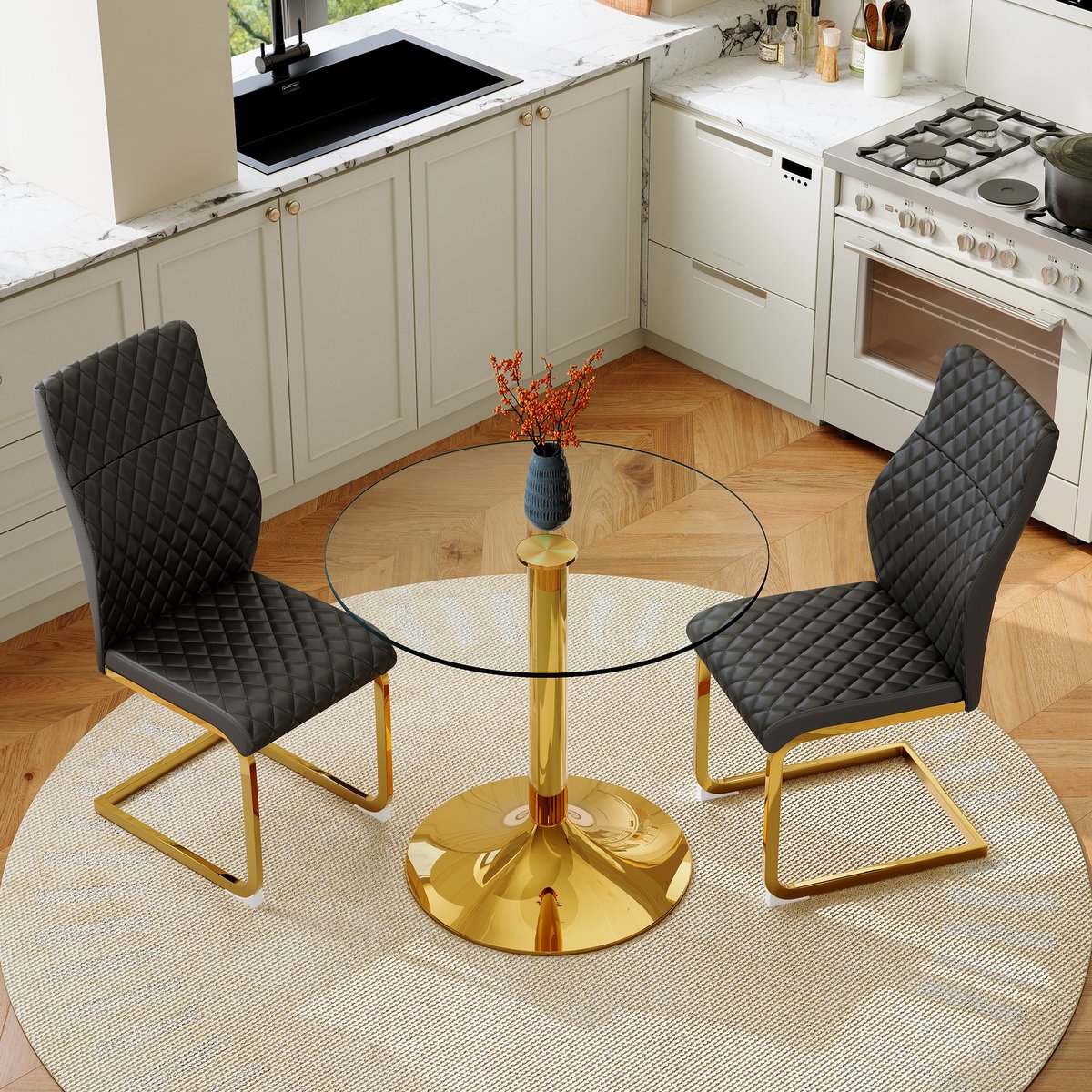 MODENUIT Eettafelset 85 cm - Ronde Tafel Met Gehard Glas - 2 Stoelen - Voor Eetkamer Woonkamer - Metaal En PU - Zwart Goud Zwart, Goud, Transparant