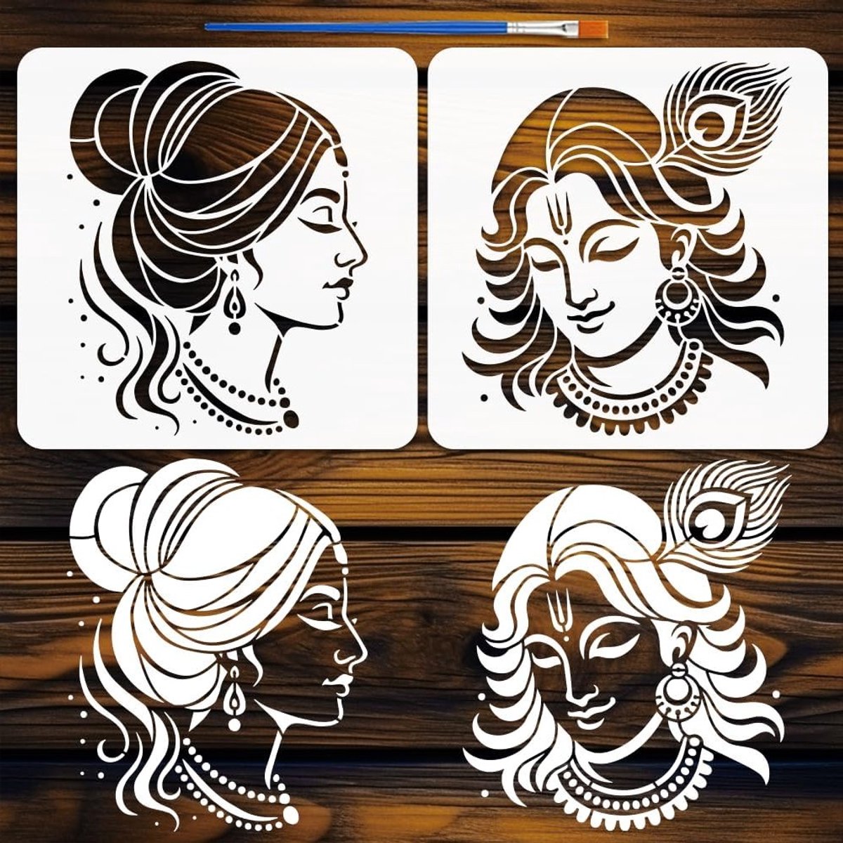 2 Stuks Indianen Vrouwen Schilder Stencil met Kwast, 30x0.1cm Herbruikbare Plastic Tribal Teken Stencils voor Hout, Muur en Meubel Decoratie
