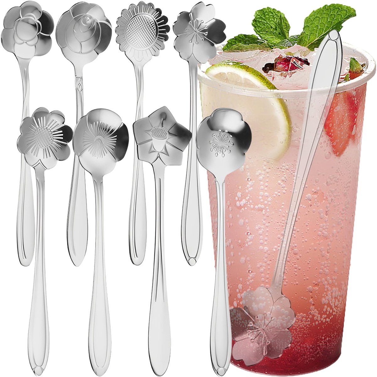 Dailygoods - Koffielepels - Roestvrijstalen Theelepeltjes - Creatief Bloemendesign - Zilver - Geschikt voor Koffie en Thee - 8 Stuks