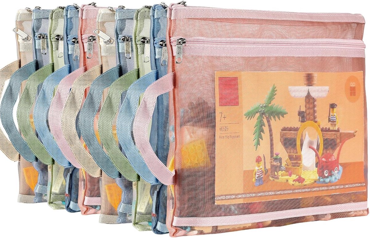 OLOEY Set van 10 gekleurde opbergzakjes van gaas met ritssluiting-dubbellaagse nylon opbergzakjes voor puzzels en bouwblokken-ademend en doorzichtig A4-formaat opbergzakje met handvat voor schoolspelletjes
