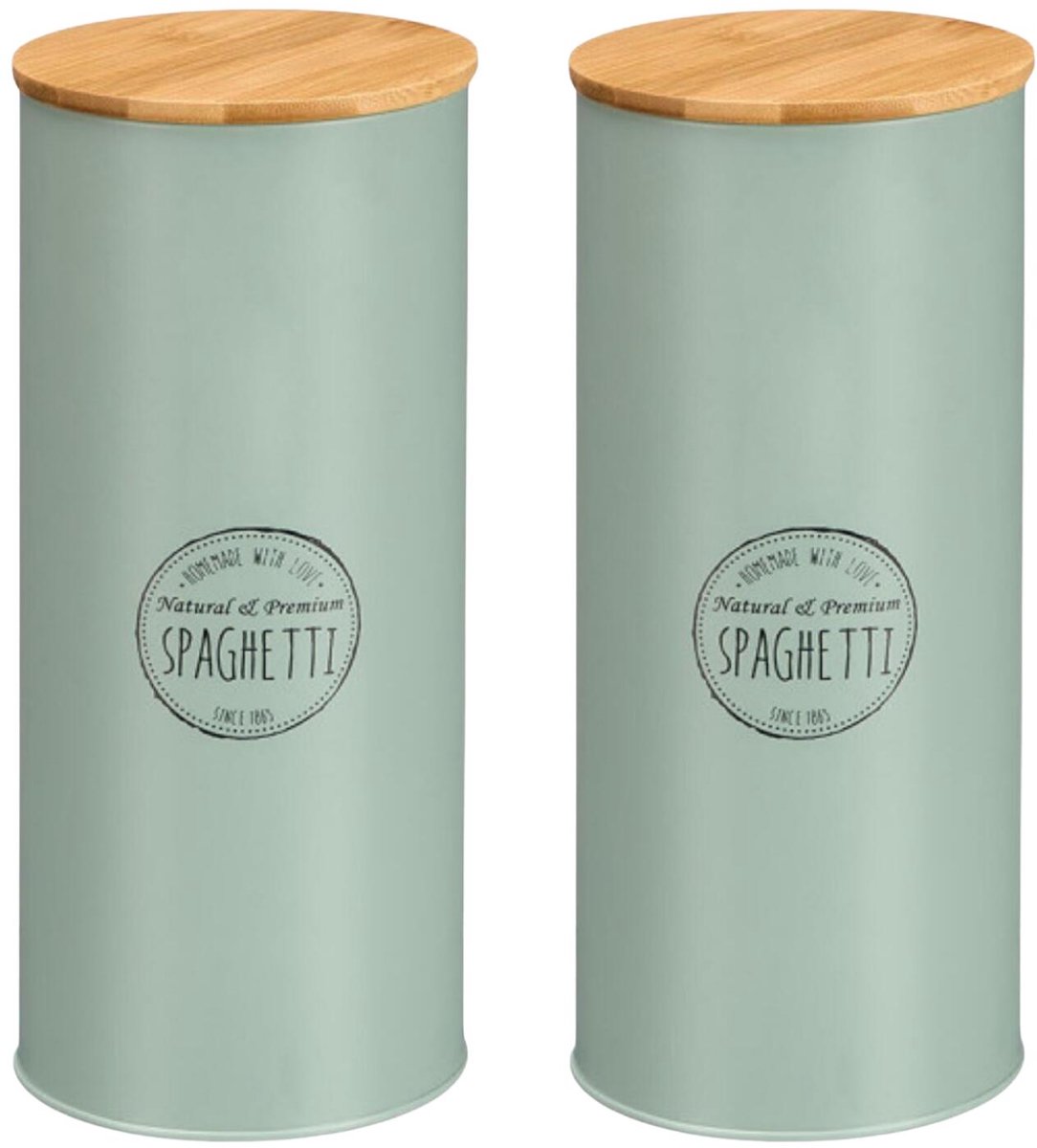 Kinvara Voorraadpot Essentials - 2x - keuken - spaghetti pasta - groen - 12 x 28 cm - metalen blik - bamboe deksel - luchtdicht