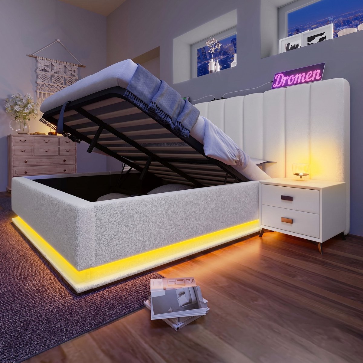 VVBV Bed met opbergruimte 160x200 / Tweepersoonsbed 160x200 – met Hydraulische Opbergruimte, LED-Verlichting, USB, USB-C, Lattenbodem – Wit – Zonder Matras White