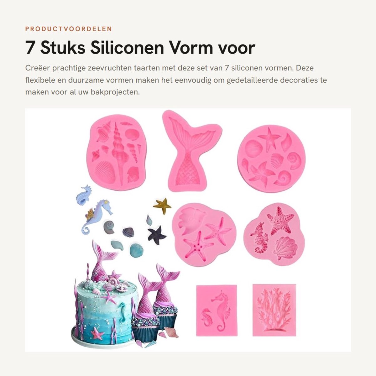 Dailygoods- Siliconen Vormen 7 Stuks - 3D Zeedieren - Fondant Mallen - Taartdecoratie - Silicone Vormen - Afmetingen 11 x 6,5 x 1,7 cm - Bakvormen