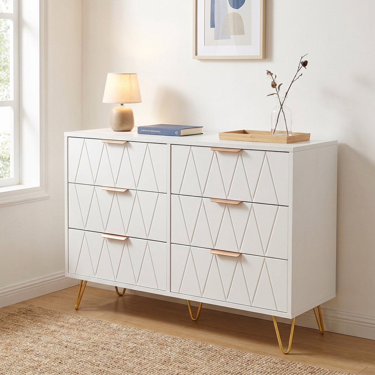 Ladekast met 6 Lades - 100x34x72.5cm - Opbergkast met Kantelbeveiliging - Hout en Metaal - Modern Luxe - Wit