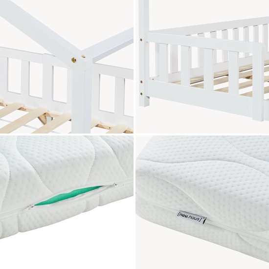 Gedetailleerde foto's van een wit kinderbed met houten lattenbodem en een wit matras met rits