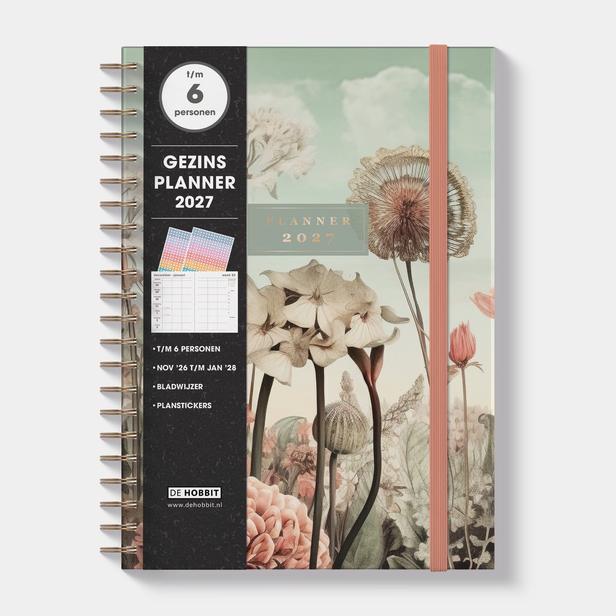 Hobbit - Gezinsagenda 2027 - A4 (21 x 29,7 cm) - Gezinsplanner - Familie agenda - 6 personen - 1 week op 2 pagina's - Harde Kaft - Veldbloemen