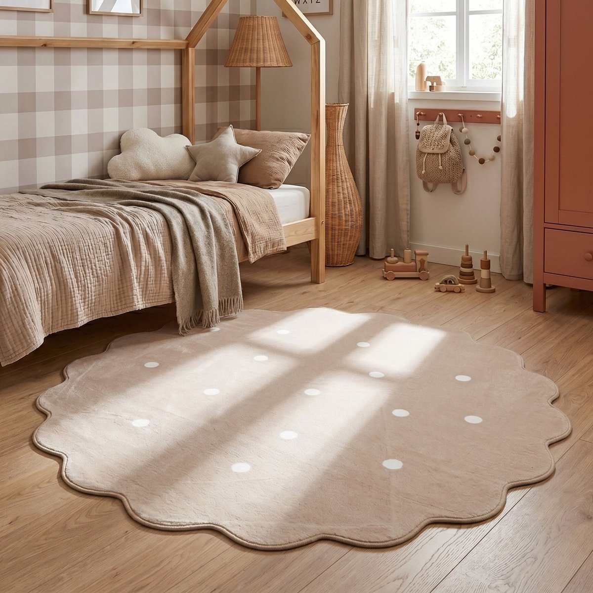 Little Olly Rond wasbaar vloerkleed - Cloudy Stippen Beige - Ø 140cm