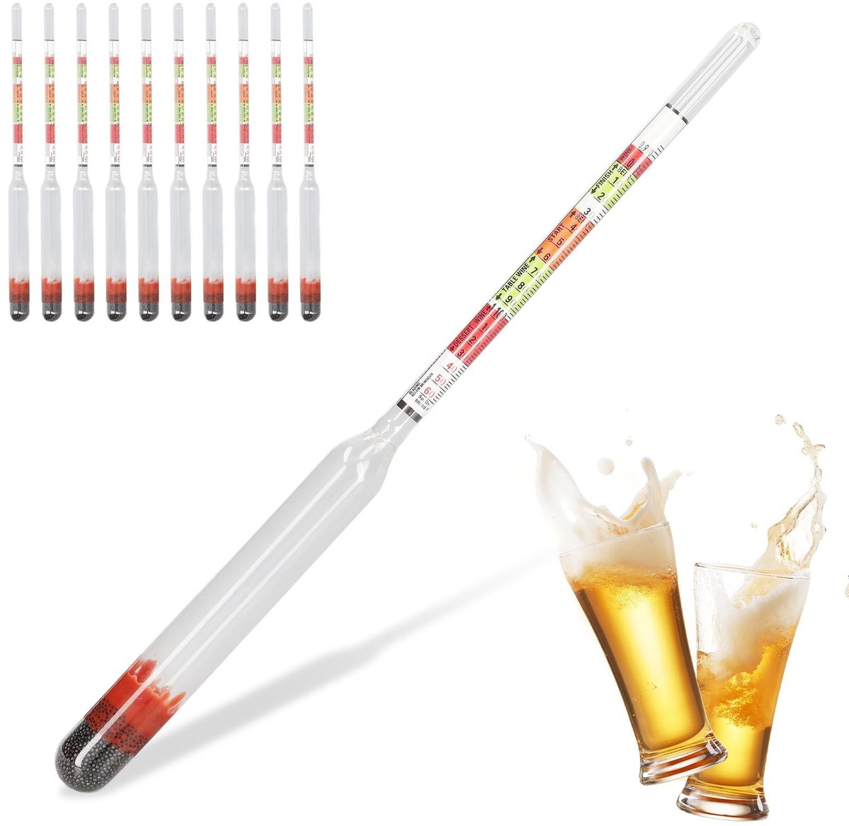 Dailygoods- Dichtheidsmeter 10 Stuks - Hydrometer - Glazen Bier Tester - Nauwkeurige Metingen - Drie Schalen - Eenvoudig Aflezen