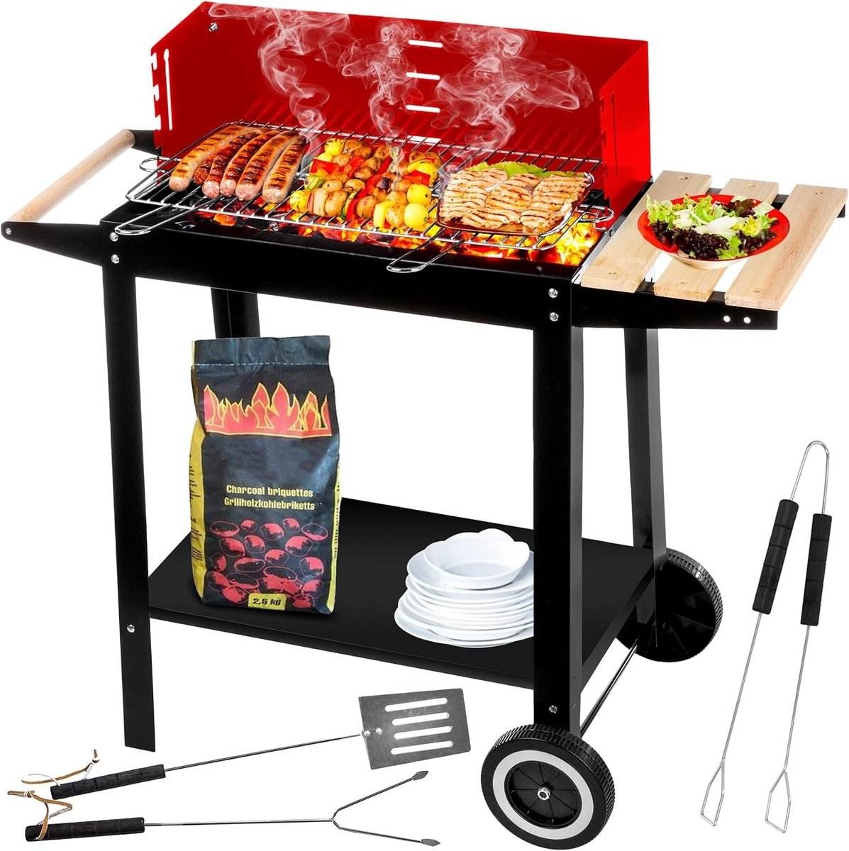 Dailygoods- Houtskoolbarbecue met chroomrooster 50 × 26,5 cm - Barbecue met wielen - Grill voor meerdere personen - Praktische plank - Klassieke houtskoolbarbecue